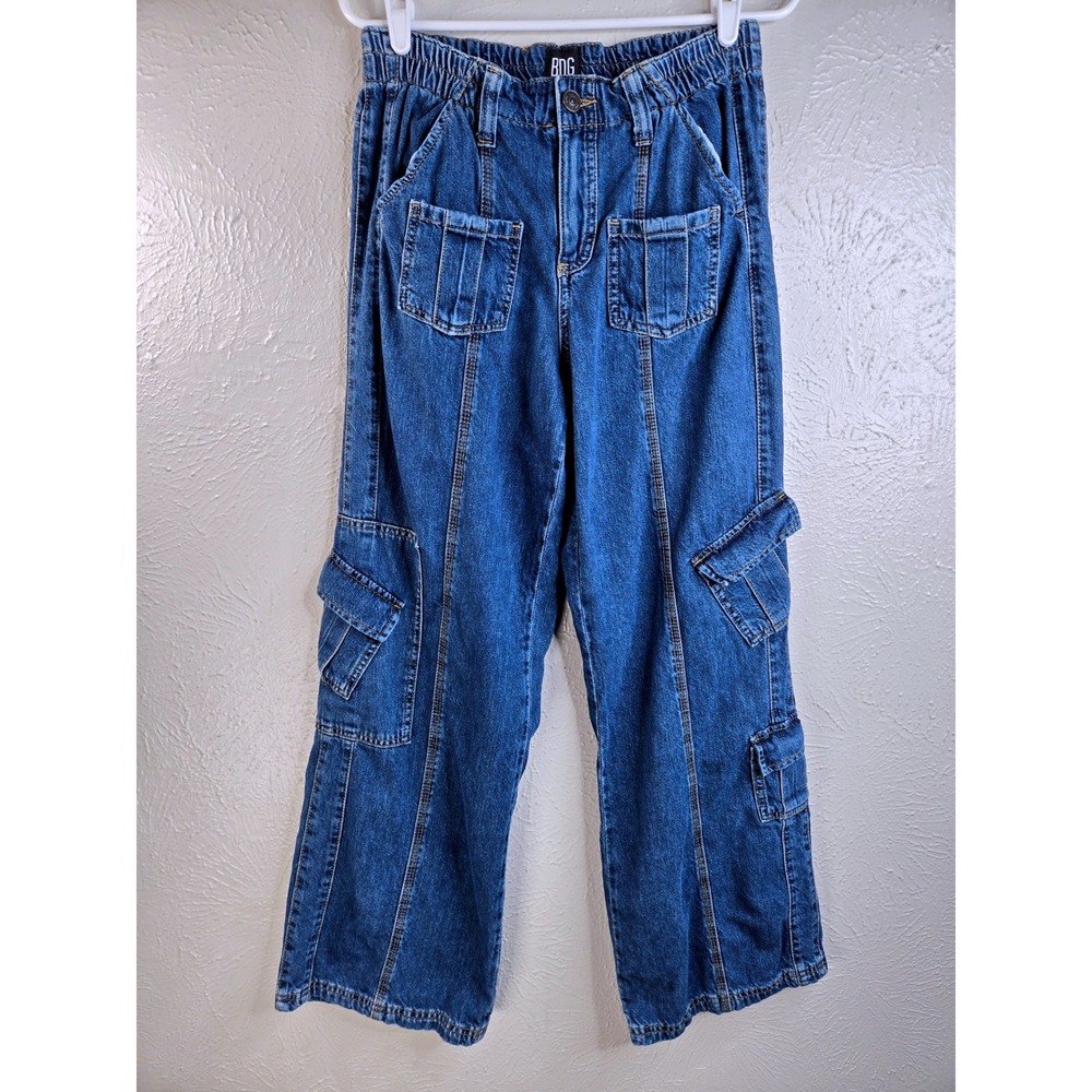 Y2K Baggy Cargo Jeans 28 Blue High Rise Wide Leg Utility Denim Skater Streetwear